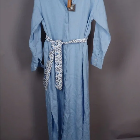 Madison Mathews 100% Linen Light Blue Maxi Shirt Dress with Tie Medium NWT - Picture 2 of 11